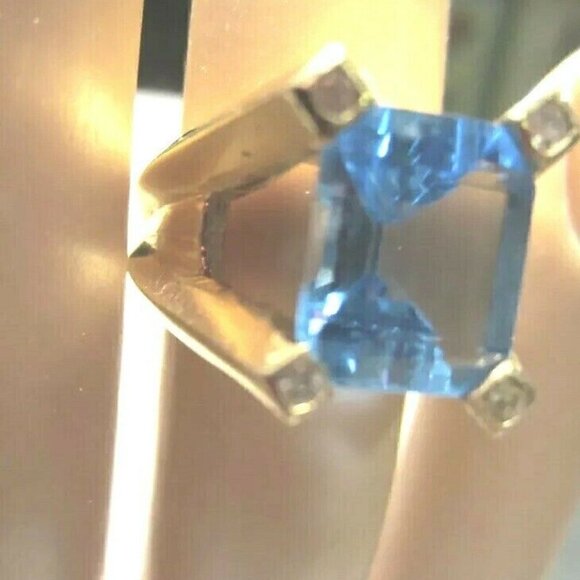 Blue Topaz & Diamond Ring 14K Custom Design Vintage - Picture 8 of 9
